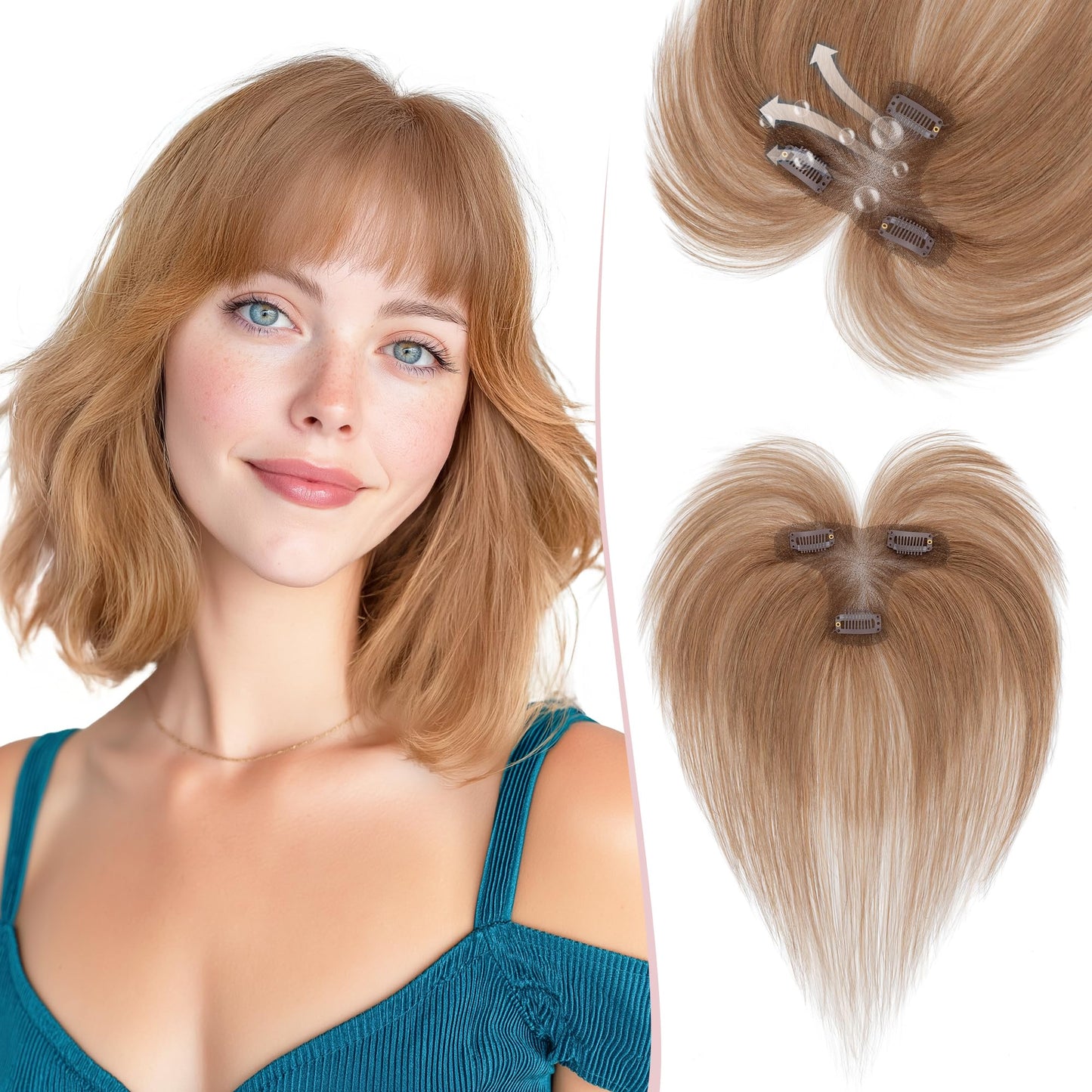 SEGO Hair Toppers for Women Real Human Hair with Wispy Bangs, 9 * 12.5 cm Hand-tied Base Invisible Edges Breathable Fluffy Clip in Top Hairpieces Add Volume -06 Light Brown