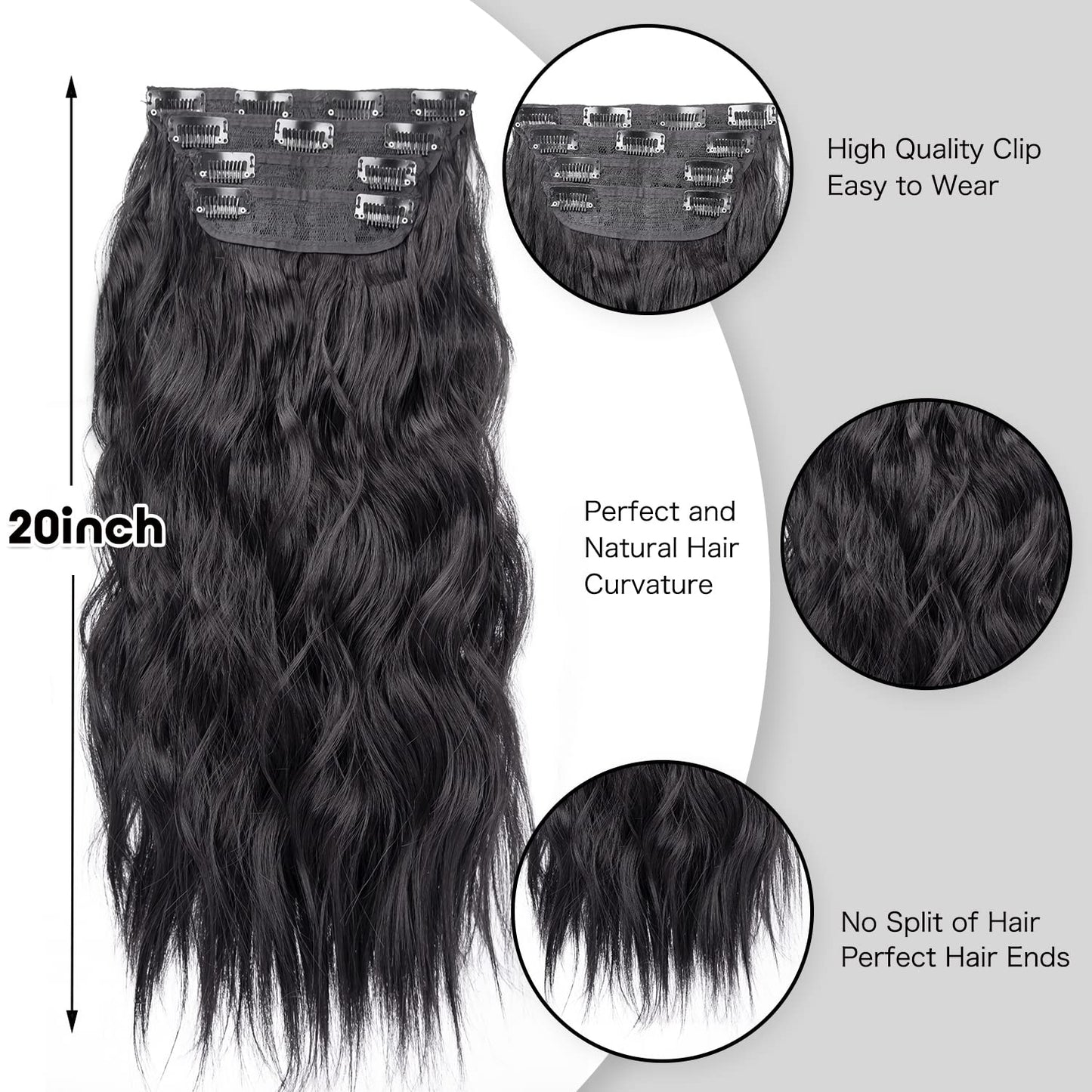 Black Hair Extensions, 20 Inches Soft Synthetic Curly Hair Extensions Clip ins (Color: Black)