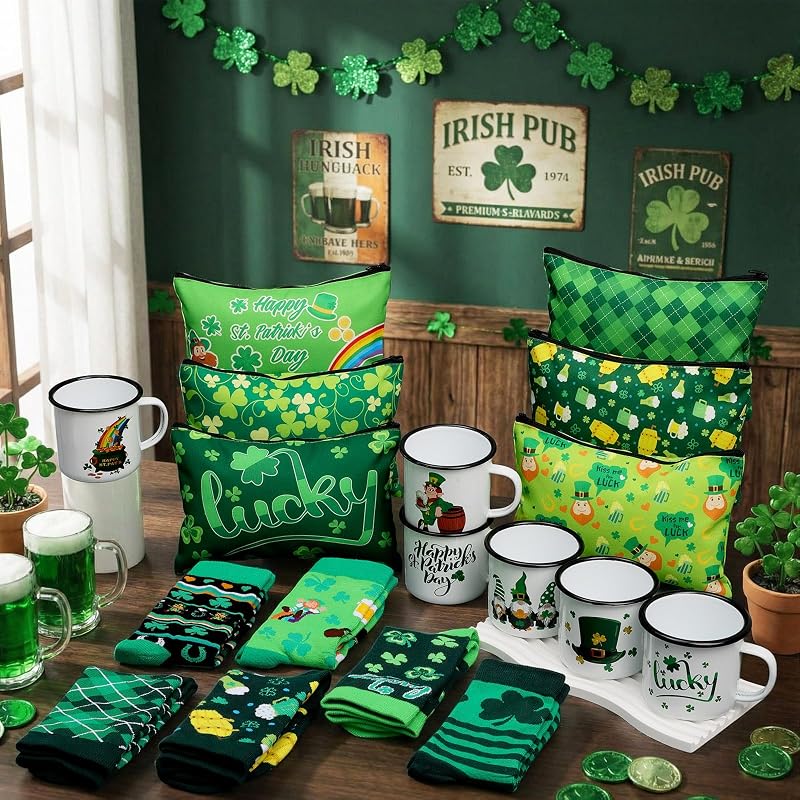 St Patrick's Day Gift Set - 18 Pcs Enamel Mugs, Makeup Bags & Shamrock Socks - Variation: St. Patrick’s Day