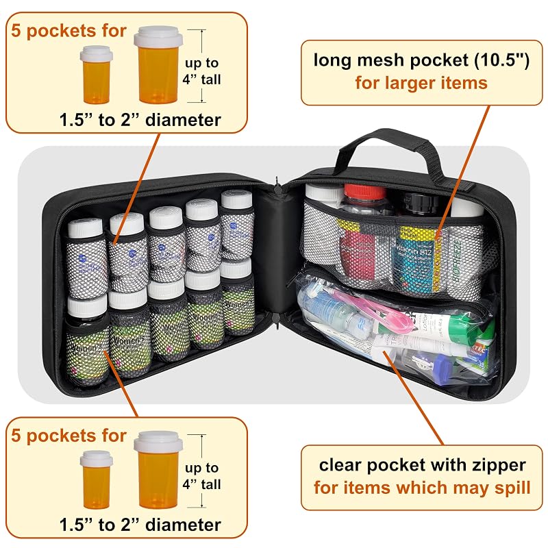 Large Pill Bottle Organizer & Medicine Bag, Emergency Card, Black