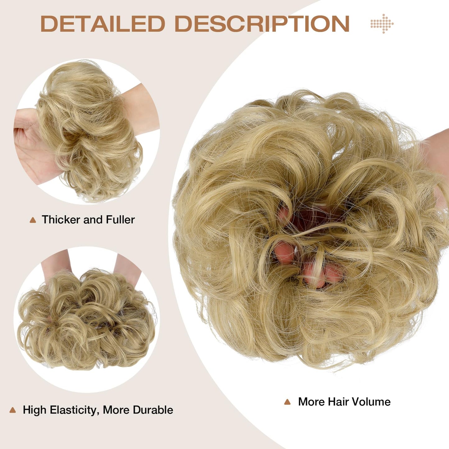 Soulwigger Messy Bun Hair Piece Wavy Curly Scrunchies Fluffy Donut Thick Updo Elegant Chignon Hairpieces for Women Girls, Ash Blonde 1.4oz