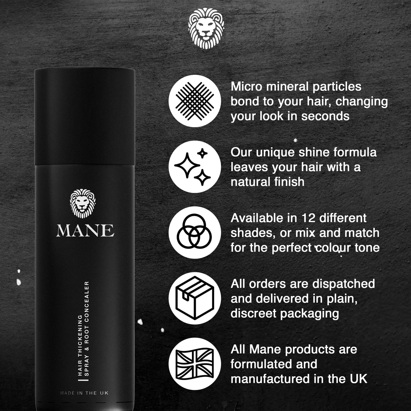 Mane Hair Thickening Spray & Root Touch Up, Instantly Thicker Hair for Men & Women, Fill in Hairlines and Hide Thinning and Fine Patches - Black, 12 Colors (6.76 oz)