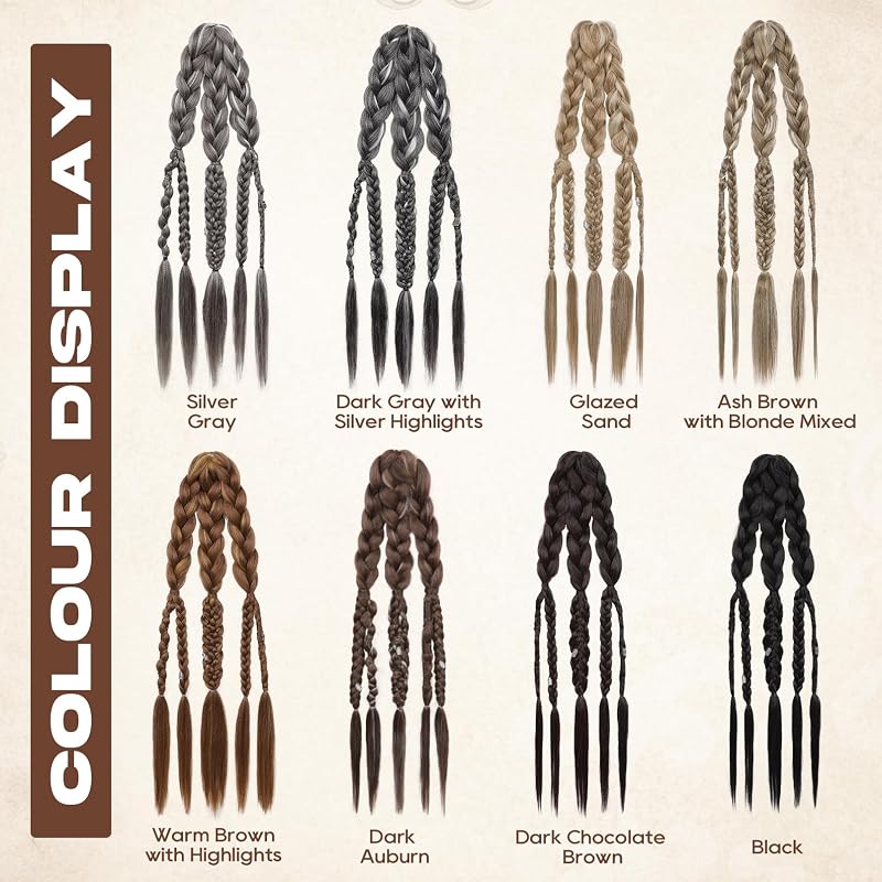 NTYNTY 24" Viking Hair Extensions for Men - Clip-In Braided Ponytail, Silver Gray