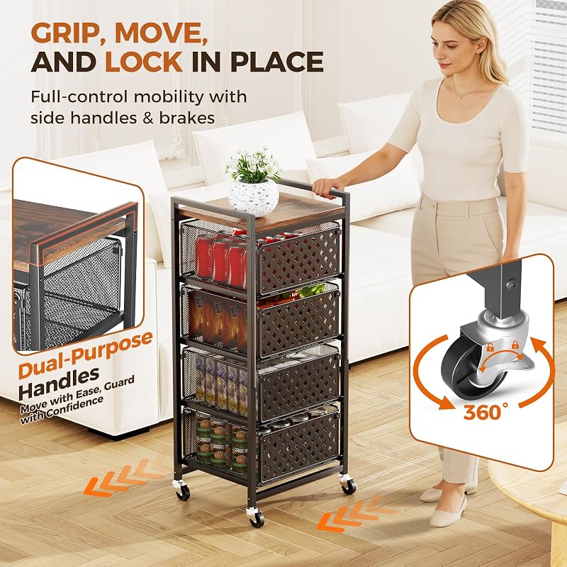 5-Tier Kitchen Storage Cart with Wheels, Wood Top & 4 Drawers – Black
