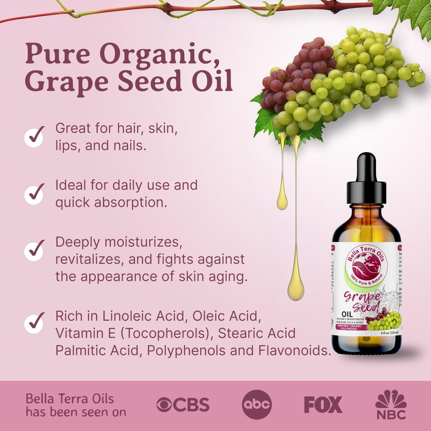 Bella Terra Oils - Organic Grape Seed Oil 16oz - Pure Organic Grape Extract, Enriched with Vitamin E & Resveratrol, Your Key to Luxurious Skin Care