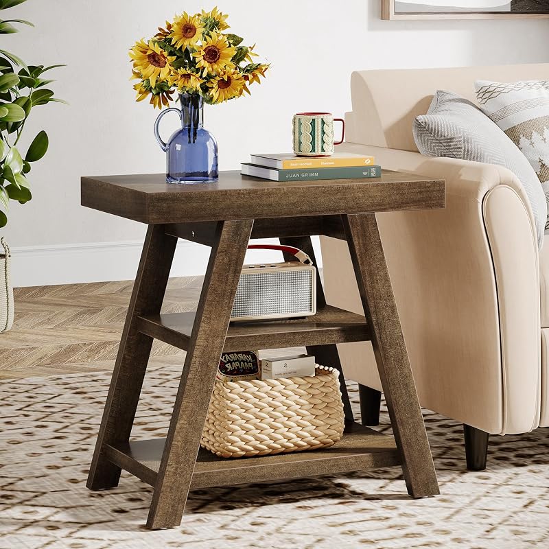 Tribesigns Distressed Brown 3-Tier End Table with Trapezoid Legs – Farmhouse Nightstand / Sofa Side Table