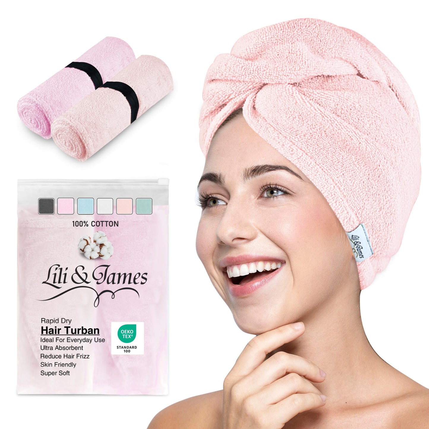 Cotton Hair Towel Wrap for Women/Kids | Quick Dry, Soft & Absorbent 420 GSM Hair Wrap Towels with Double Button | Anti Frizz, Non Microfiber Hair Turbans for Curly, Long Hair (Lilac+Pink)