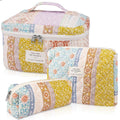 Bee Variation Quilted Makeup Bag Set - Large Floral Cotton Cosmetic Bags, 3-Piece, Giftable