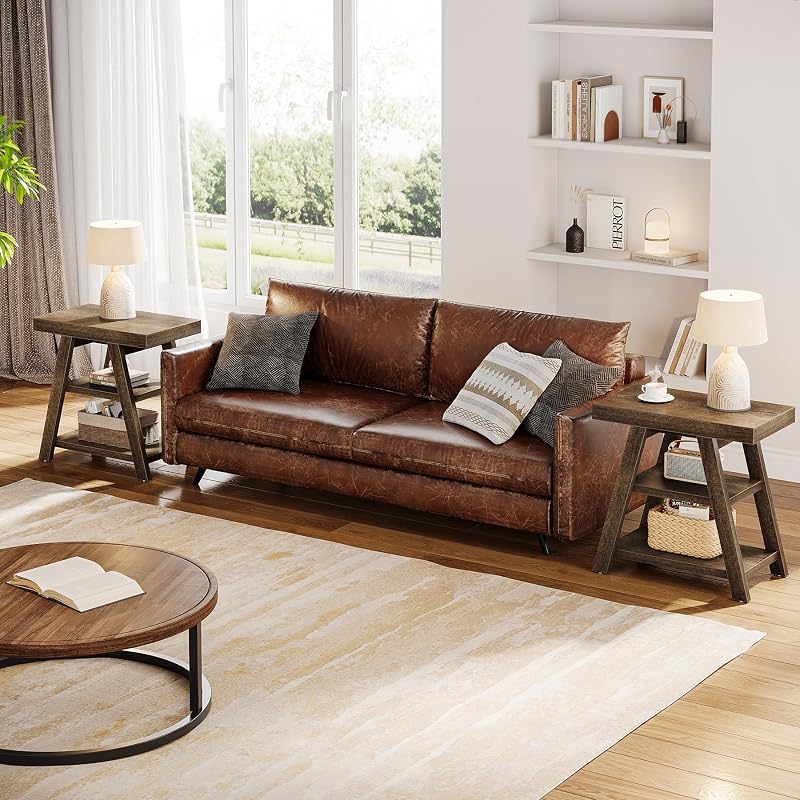 Tribesigns Distressed Brown 3-Tier End Table with Trapezoid Legs – Farmhouse Nightstand / Sofa Side Table
