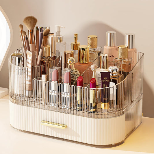 MIUOPUR Makeup Organizer with Rotating Makeup Brush Holder, Stackable Drawers for Bathroom Organizers and Storage, Make up Organizers for Vanity, Great for Cosmetics, skincare, Lipsticks -Cream