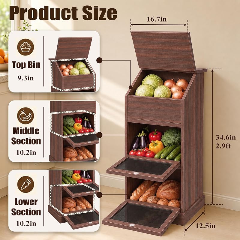 Verssure Walnut 3-Tier Wooden Produce Storage Cabinet with Lid - Fresh Produce Organizer