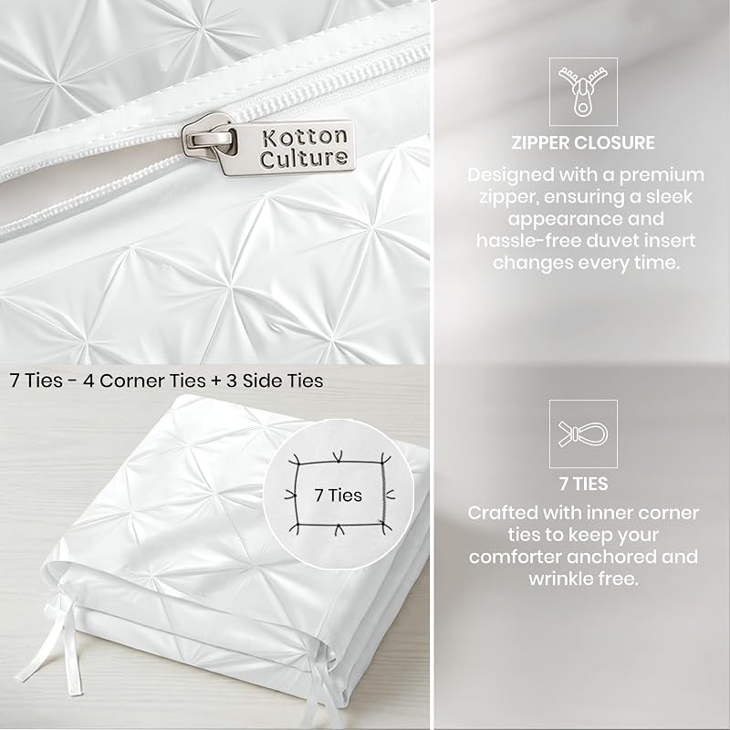 Queen/Full 3-Piece Pinch Pleated Duvet Cover Set - 100% Egyptian Cotton 600TC in White (No Comforter) - Zipper Closure & 7 Internal Ties
