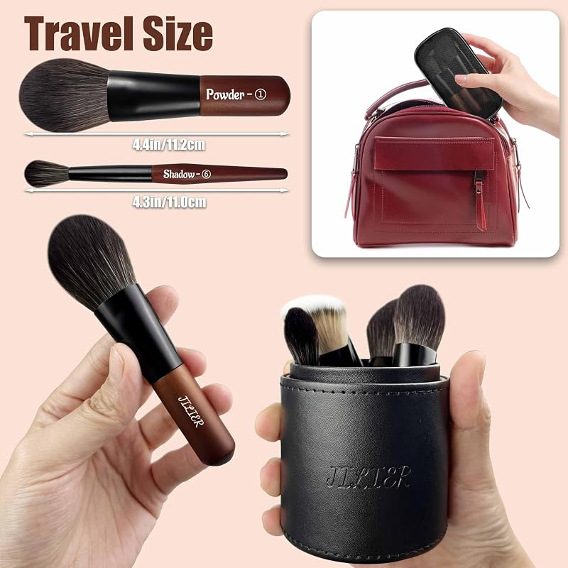Jilier 14-Piece Mini Makeup Brush Set & LED Travel Mirror – Brown Variation