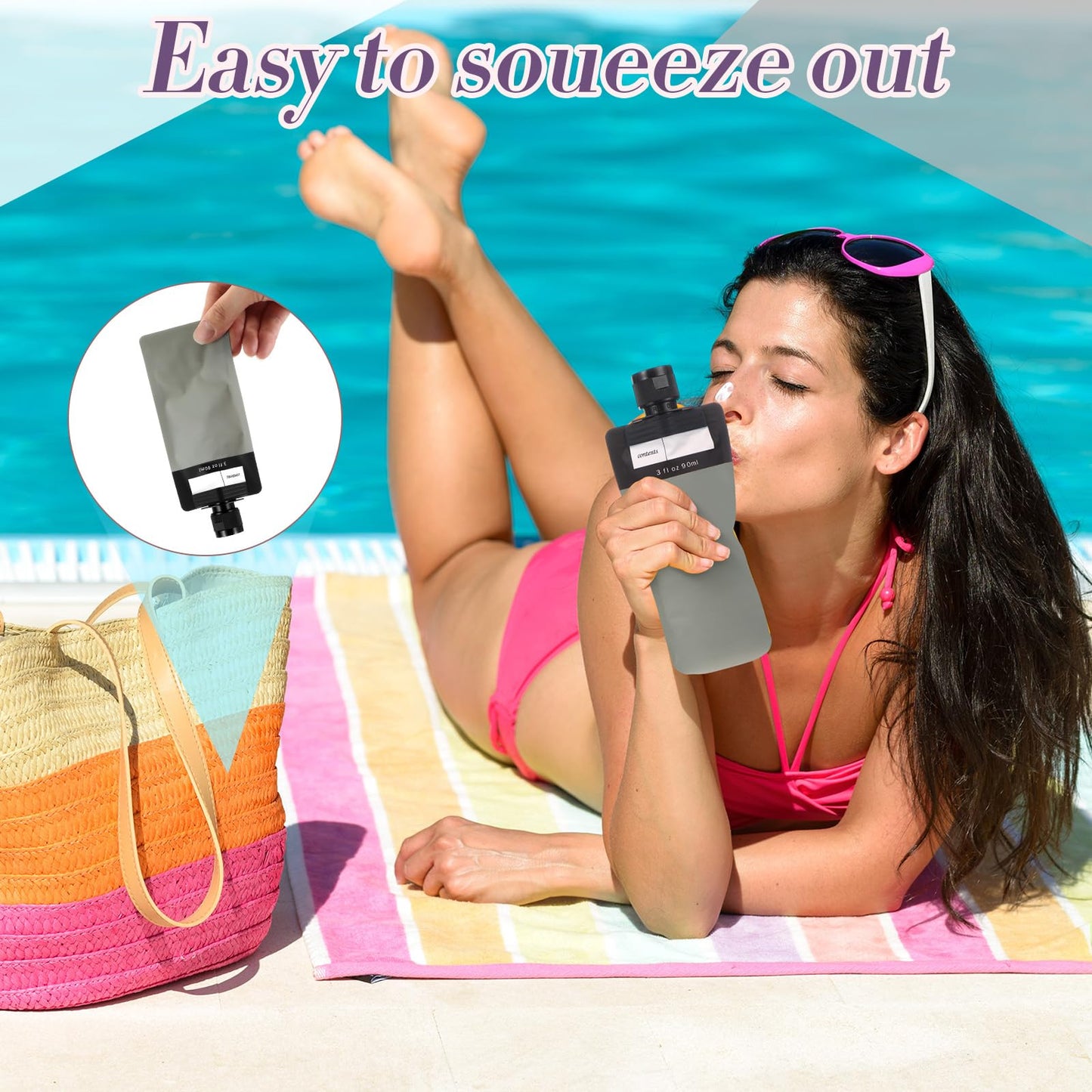 Funnymoom 3 oz 60 Pack Leakproof Empty Squeeze Pouches Refillable Travel Size Containers Liquid Pouches for Toiletries TSA Approved Travel Lotion