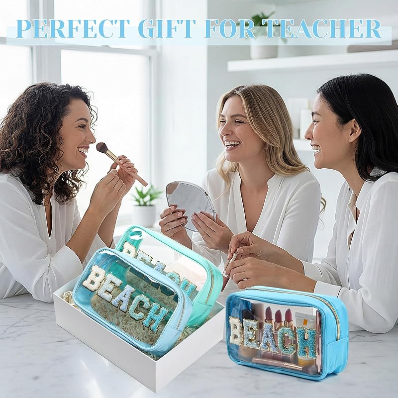 Lake Reflection Beach Clear Makeup Bags Set with Chenille Letter Patches - 6 Pcs Waterproof Toiletry Bags