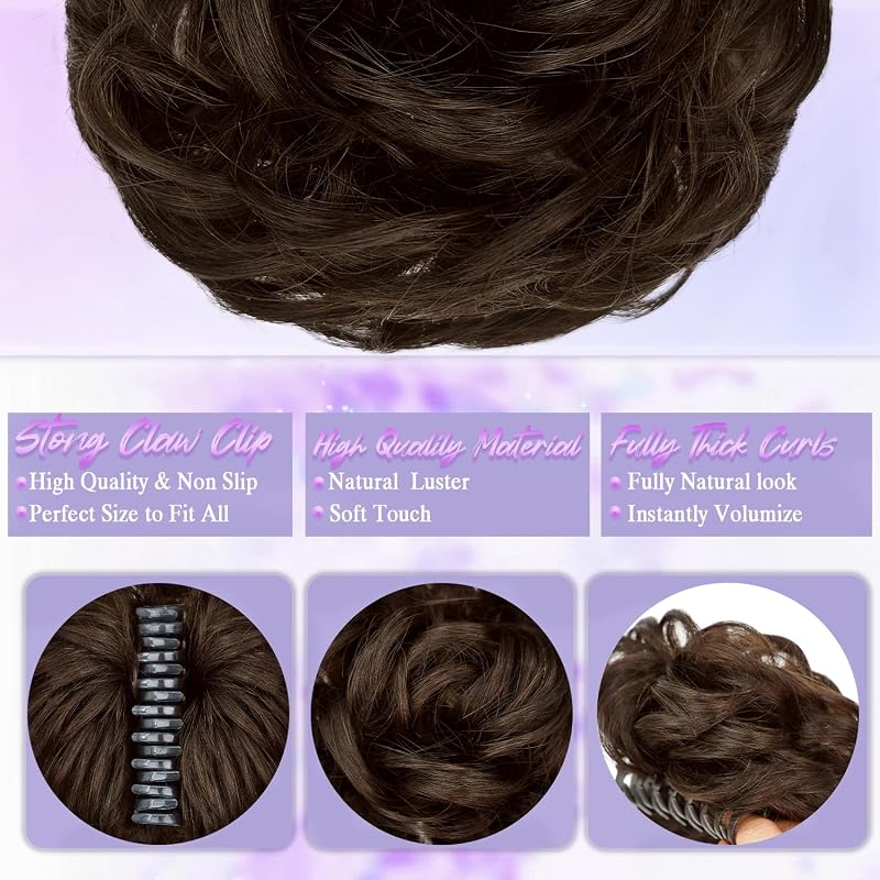 Light Brown Real Human Hair Messy Bun with Claw Clip - 100% Natural Texture