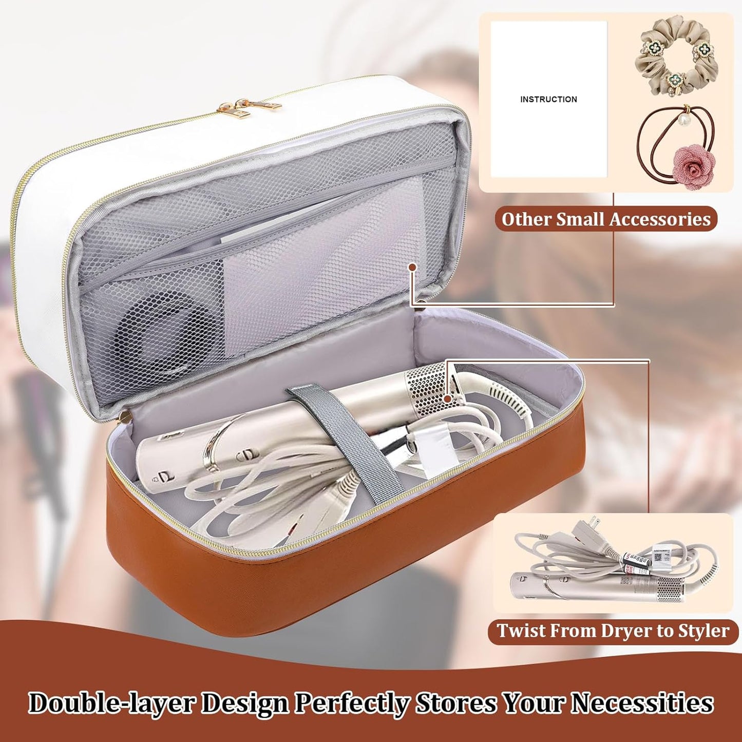 Shark Flex Style Travel Case - Double Layer Waterproof Organizer for Hair Dryer Attachments (Dianthus White)