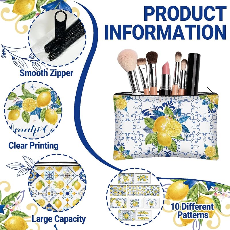 30 Pcs Amalfi Coast Makeup Bags - Lemon Porcelain Canvas Zipper Pouches Set