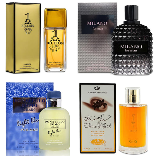 AFLUXE Men Cologne 4-Piece Combo Set (Choco/Milano/Billion/Donatello Uomo Light Blue) Each 100ml Eau de Toilette/Parfume Spray Premium Men Perfume Set Long Lasting Fragrance for Daily Use