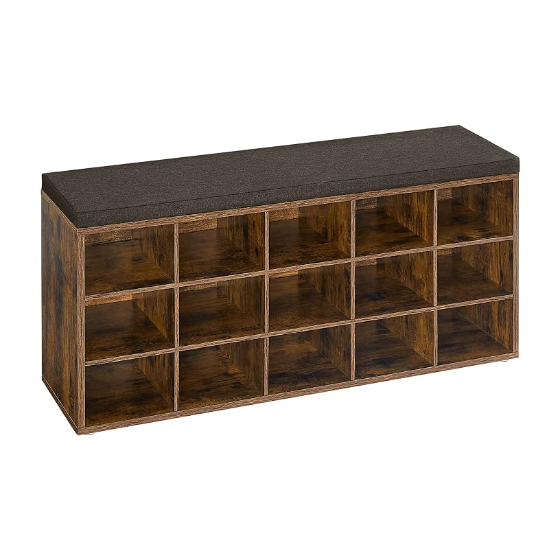 VASAGLE Rustic 15-Cubby Shoe Bench with Cushion - Brown