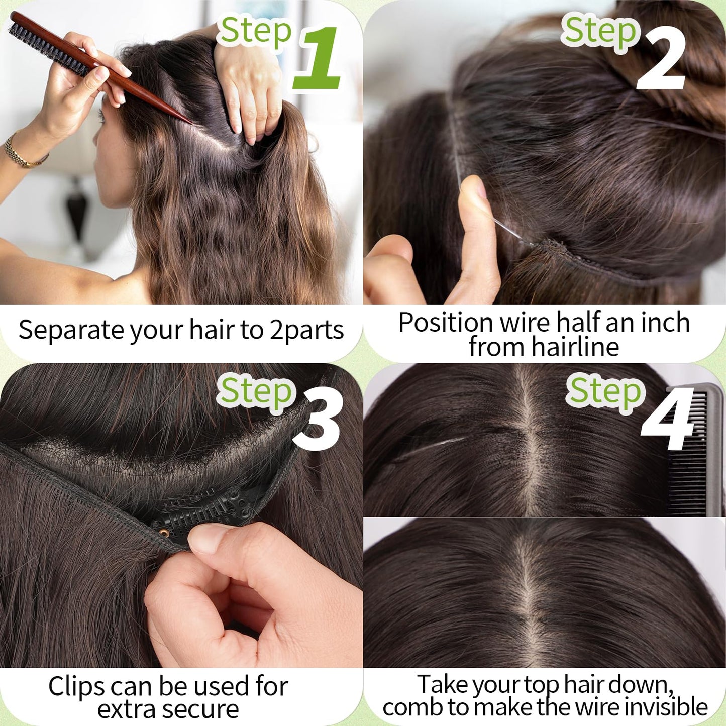 KooKaStyle Invisible Wire Hair Extensions with Transparent Wire Adjustable Size 4 Secure Clips Long Wavy Secret Synthetic Hairpiece 20 Inch Dark Brown for Women