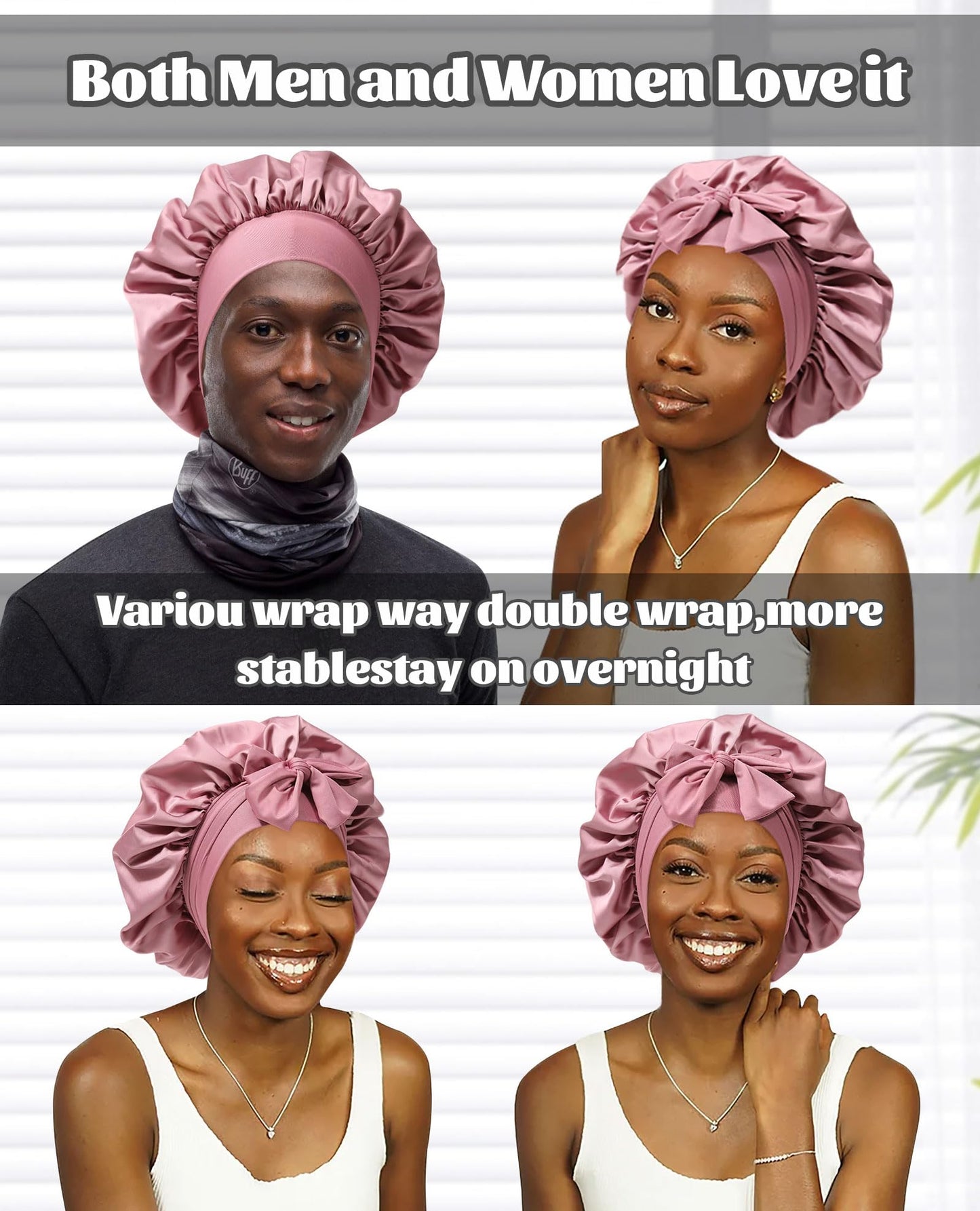Satin Bonnet Silk Bonnet for Sleeping Silk Sleep Cap Double Layer Hair Bonnet with Elastic Tie Band for Curly Hair Night Cap (Bean Paste + Pink)