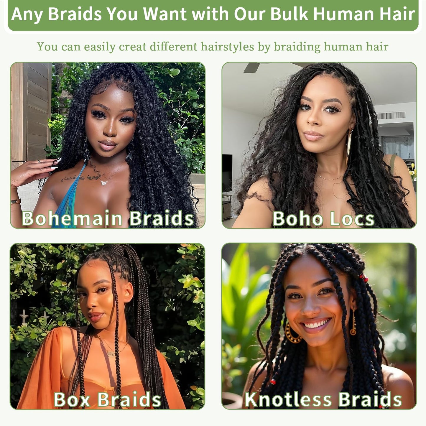 Human Braiding Hair for Boho Braids 120g 12A Deep Water Wave Bulk Human Hair Knotless Boho Braiding Curly 100% Virgin No Weft Extensions Bohemian Braids 3 Bundles/Pack Natural Color 24 Inch