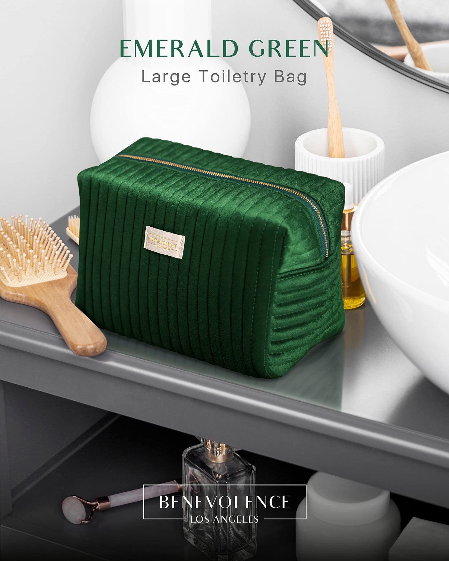 Benevolence LA Plush Velvet Large Makeup Bag for Travel | Cosmetic Pouch, Toiletry Organizer for Women, Large Capacity Bag for Accessories, Quilted Purse - Emerald Green