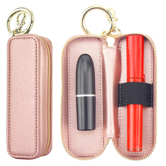 Bocasal Leather Lipstick Case Holder Chapstick Keychain Pouch, Zipper Lip Balm Lip Gloss Bag for Purse with Elastic Band, Makeup Travel Organizer, Cosmetic Storage Kit for Women Girls (Rose Gold)