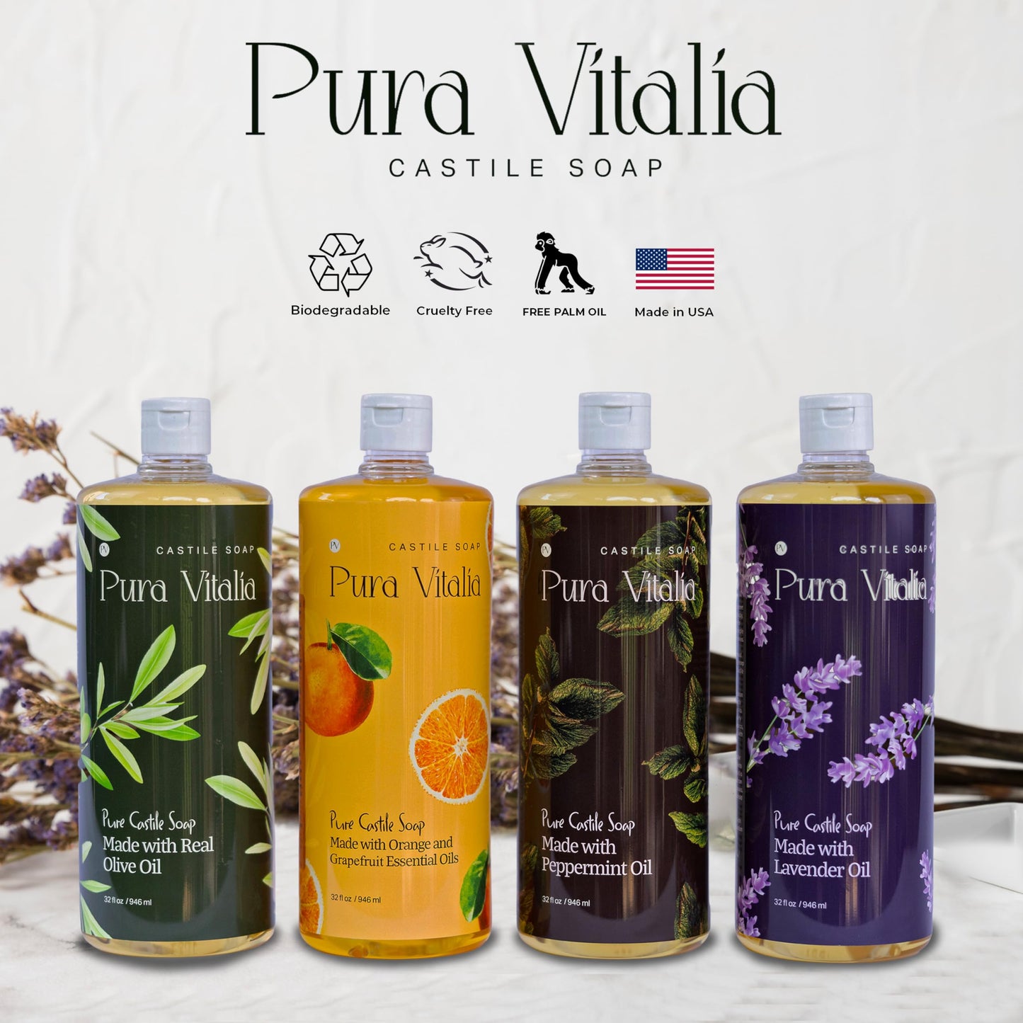 Pura Vitalia Lavender Organic Castile Soap | Body Wash & Cleanser for Face & Hands | Biodegradable, Eco-Friendly, Palm Oil Free, Vegan & Gentle | Made with 6 Natural Ingredients - 16 oz