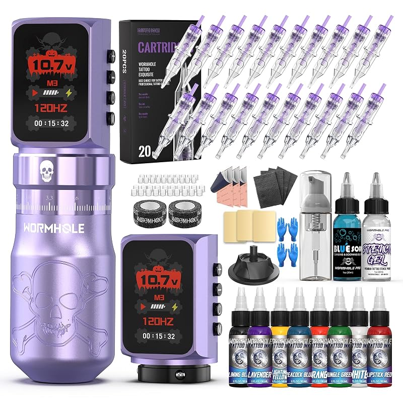 Wormhole Wireless Tattoo Gun Kit with Skull Pattern - Lining & Shading, Two Purple (WTK0295) - 7 Stroke Adjustable