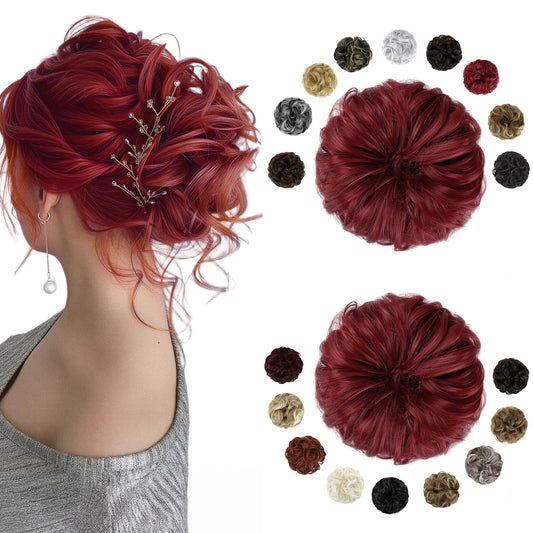FELENDY 2PCS Messy Bun Hair Piece Large Wavy Curly Elastic Hair Bun Scrunchies Fluffy Thick Donut Chignon Hairpieces Updo Extensions Dark Red