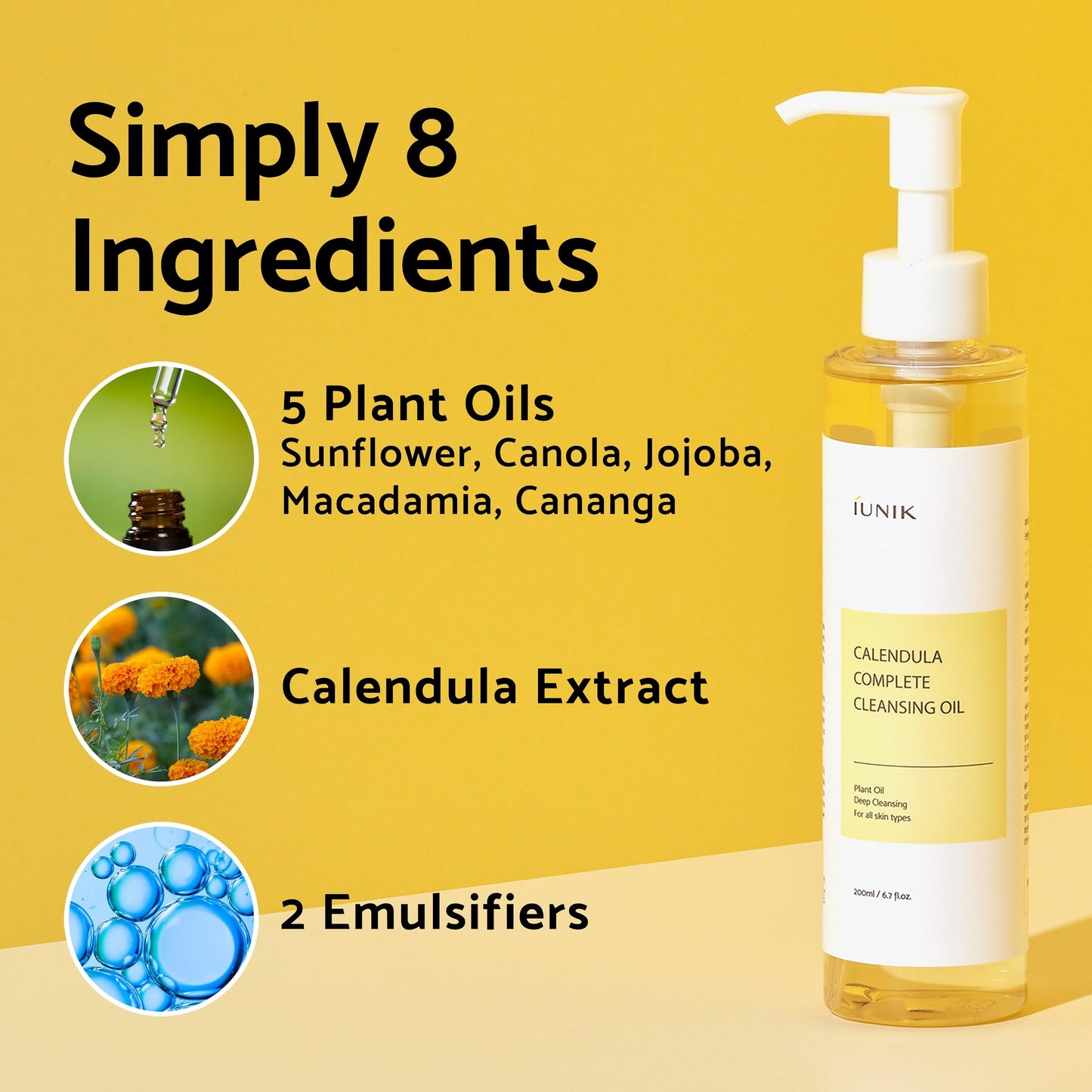 IUNIK Calendula & Jojoba Oil-Infused Vegan Cleansing Oil – Gentle Blackhead Melting & Makeup Remover Facial Cleanser w/Plant-based Oils Korean Skincare