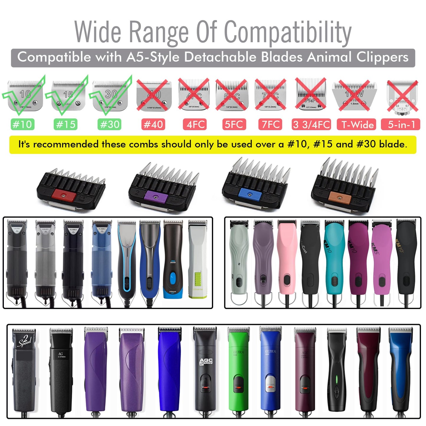 4 Pieces Professional A5 Style Animal Clipper Stainless Steel Color-Coded Attachment Guard Guide Combs Set, 1/8", 1/4", 3/8", 1/2" Compatible with Wahl KM Series Oster A5 Andis AG BG Pet Groomers