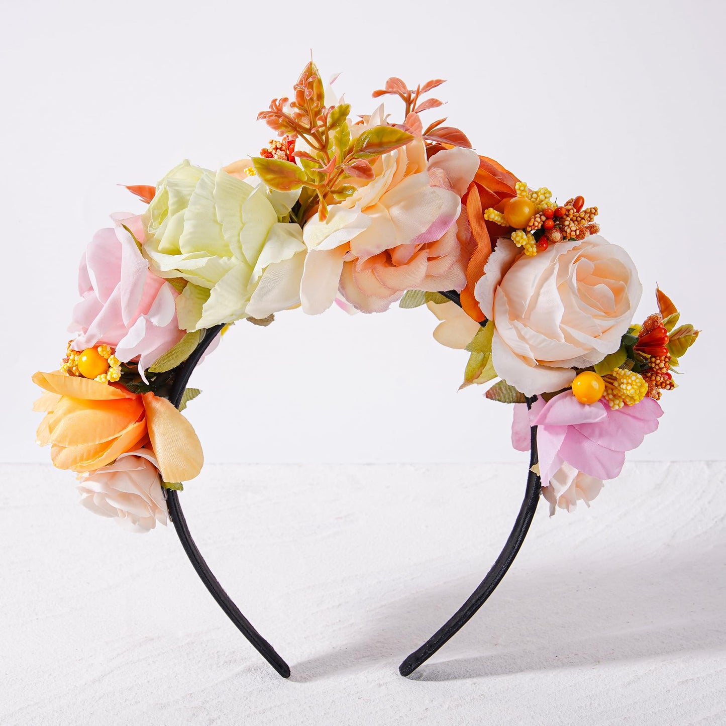 KorViSHOW Mexican Flower Crown Headband - Mexican Rose Floral Crown Headpiece Cinco De Mayo Hair Accessories for Women Girls Dia de los Muertos Costume Halloween Cosplay Fiesta Party