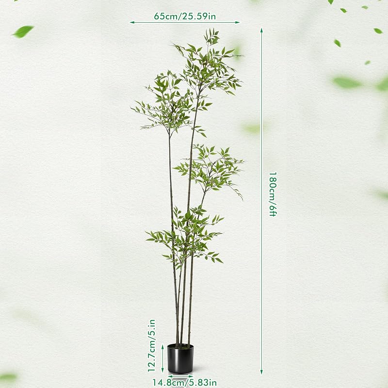 6ft Faux Bamboo Tree with Nandina, Green, with Pot — Variation Green+5ft 11in