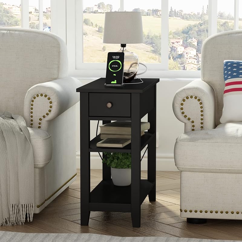 ChooChoo Narrow End Table with Charging Station and Hidden Drawer - Black