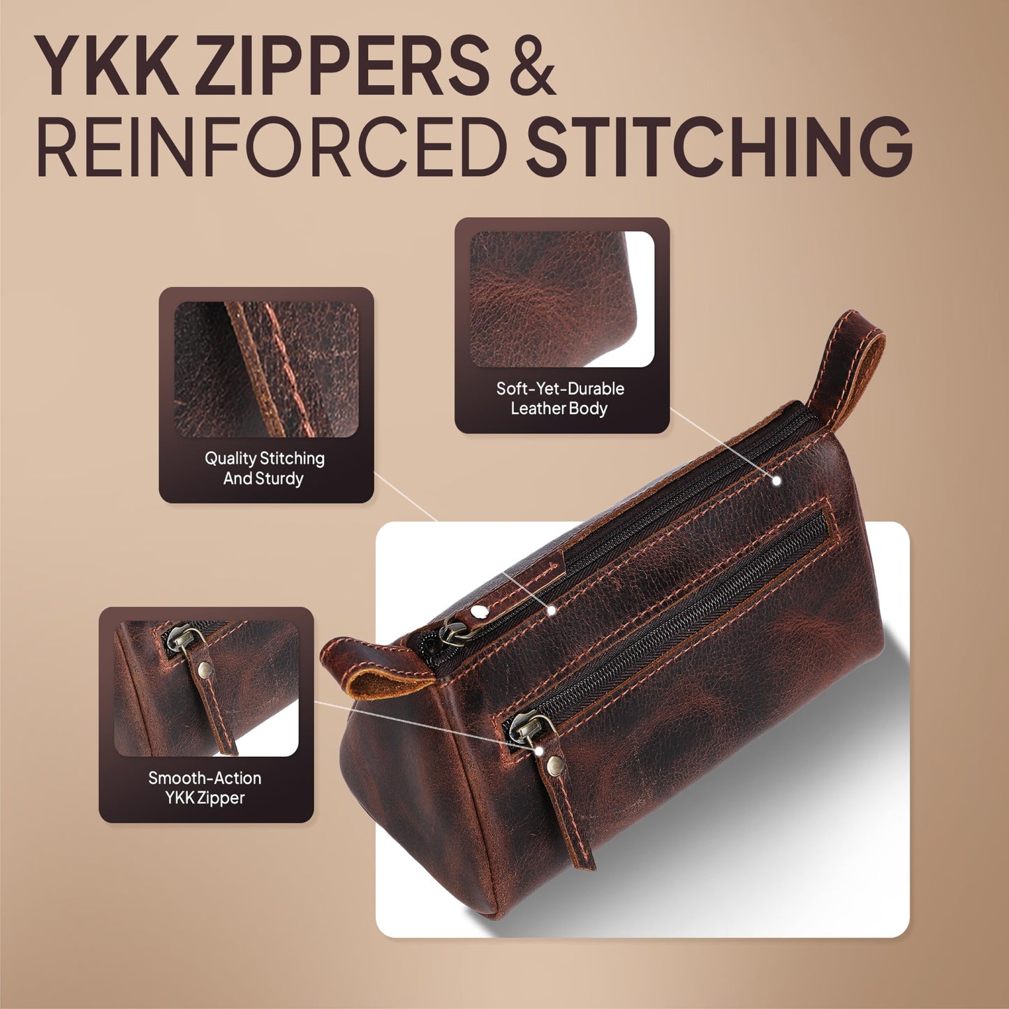 TheAntiq Brown Leather Cosmetic Bags for Women Travel Cosmetic Cases - Multipurpose Zippered Makeup Bag, Small leather Cosmetic Case for Purse - Genuine Leather Makeup Bag Handmade Makeup Pouch