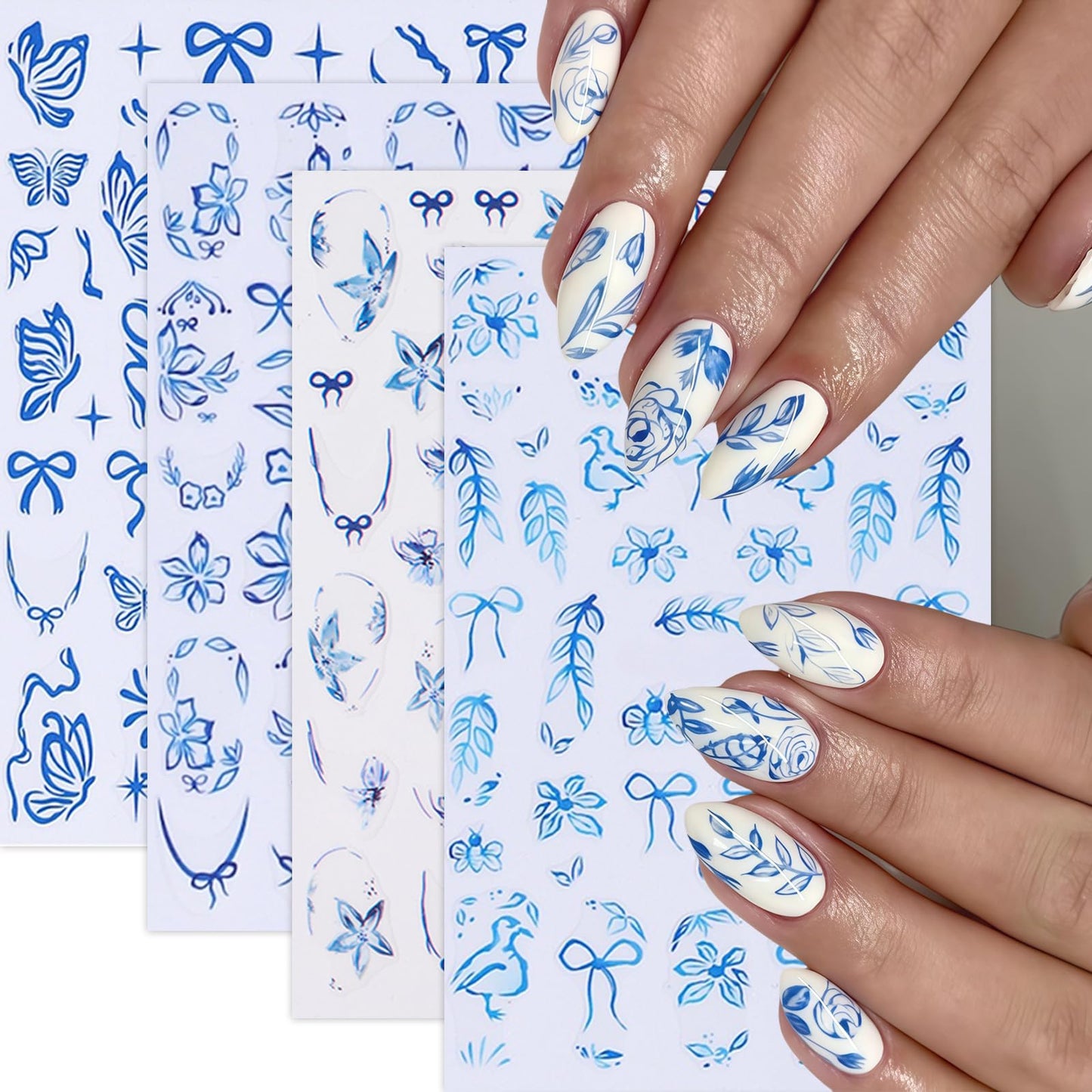 8Sheets Flower Nail Stickers for Nail Art Blue Bow French Line Nail Decals 3D Self-Adhesive Butterfly Leaf Floral Designs Nail Supplies Manicure Accessories for Spring Summer DIY Nails Art Decoration