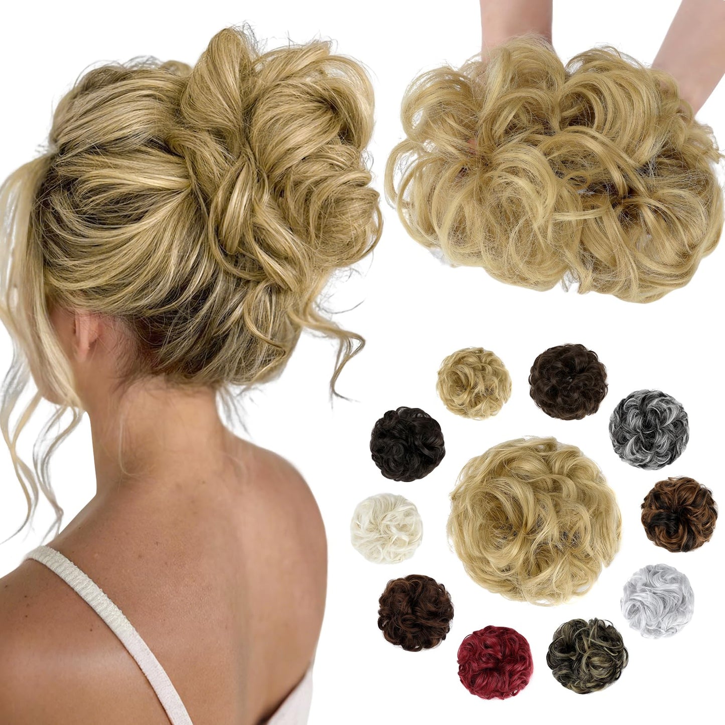 Soulwigger Messy Bun Hair Piece Wavy Curly Scrunchies Fluffy Donut Thick Updo Elegant Chignon Hairpieces for Women Girls, Ash Blonde 1.4oz