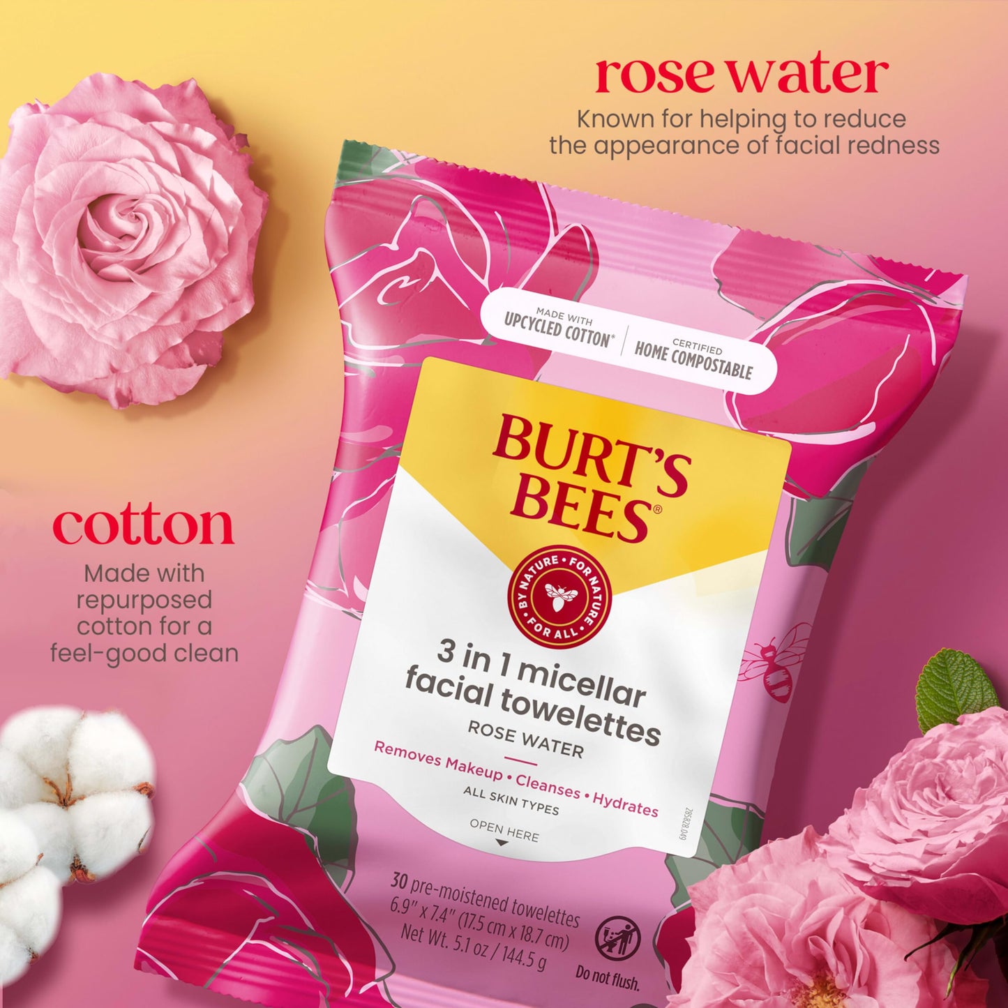 Burt's Bees, Rose Water Face Wipes, for All Skin Types, Hydrating Micellar Makeup Remover & Facial Cleansing Towelettes, 30 Count (1 Pack)