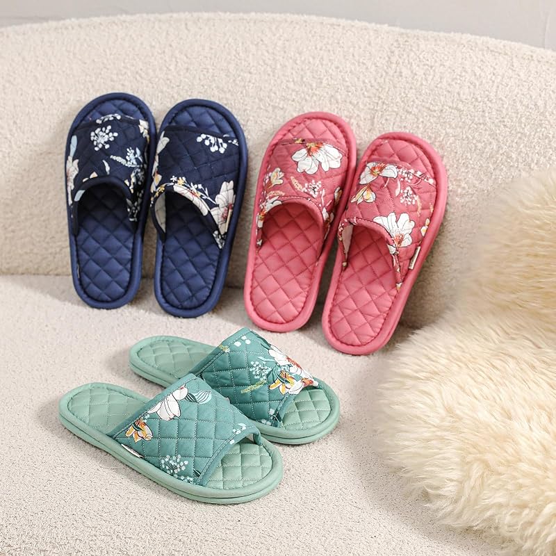 3 Pairs Floral Cotton Slippers for Women - Open Toe Indoor Spa Guests Travel (Variation: Solid Color Flower+7-8.5)