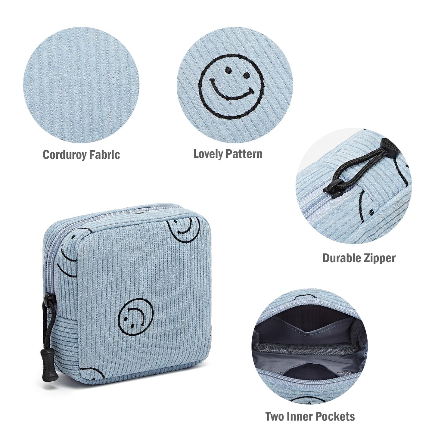 ZOEMTIU Small Makeup Bag for Purse,Mini Cosmetics Bag cute Zipper corduroy Cosmetic Pouch Storage Pouch Travel Toiletry Organizer for Women Girls(Smiley Face,Blue)
