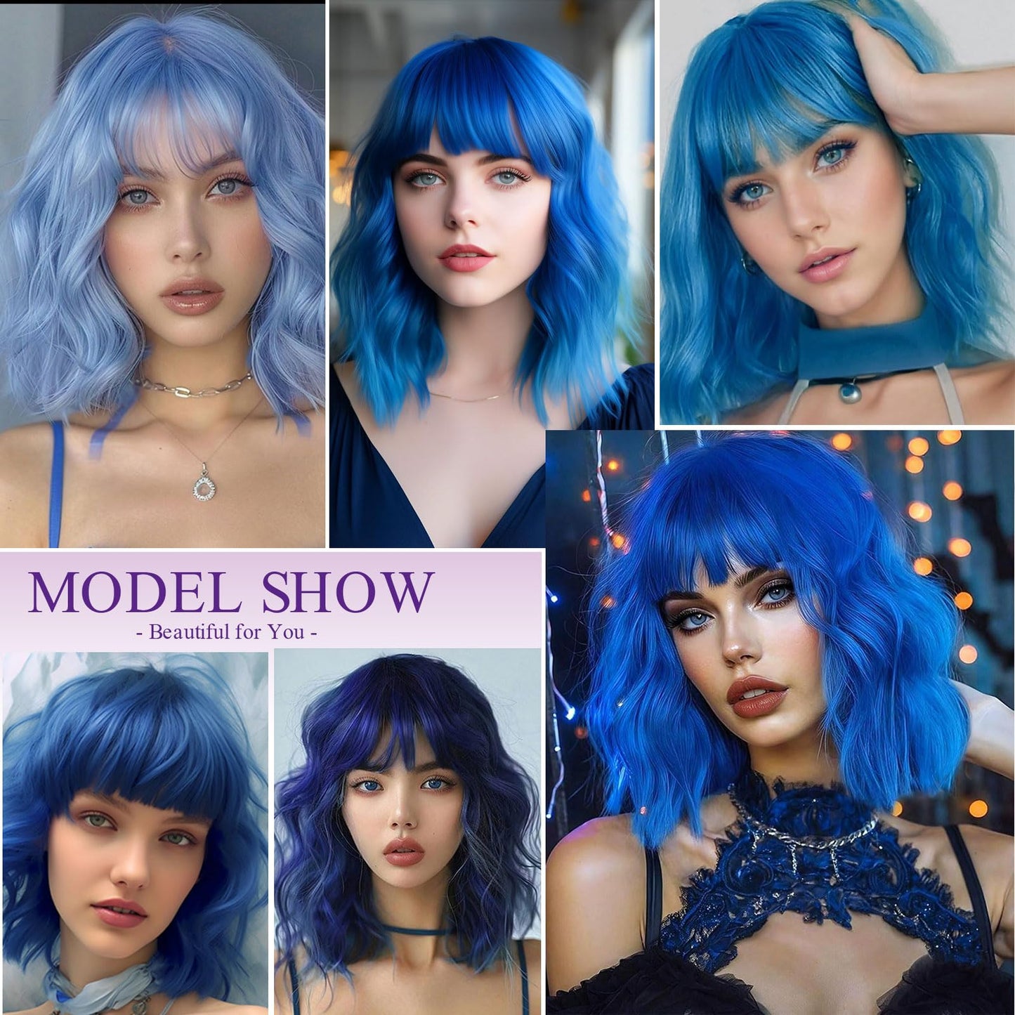 HWHRGL Light Blue Wigs with Bangs for Women 14 Inch Short Wavy Bob Wigs With Bangs Synthetic Bob Wig Curly Wig Heat Resistant Colorful Wavy Wig for Cosplay Daily Party Use Halloween Wigs
