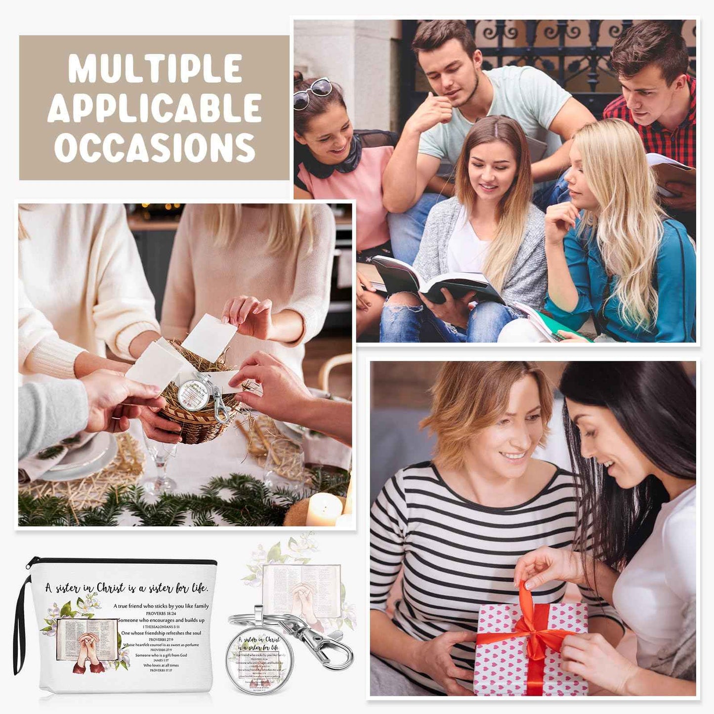 Dansydaisy 16 Pcs Christian Church Sister in Christ Makeup Bag Bible Verse Keychains for Women Birthday Friendship Gift