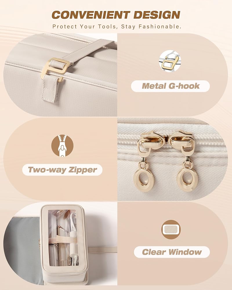 Beige Travel Hair Tools Bag with Heat-Resistant Mat & Organizer