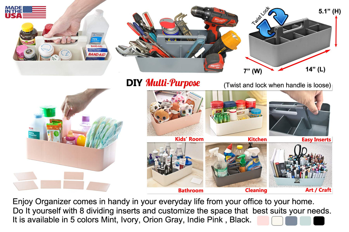 New Plastic Portable Makeup Organizer Caddy Tote Divided Basket Bin with Handle, for Bathroom Storage - Holds Blush Makeup Brushes, Made In USA (Orion Gray)