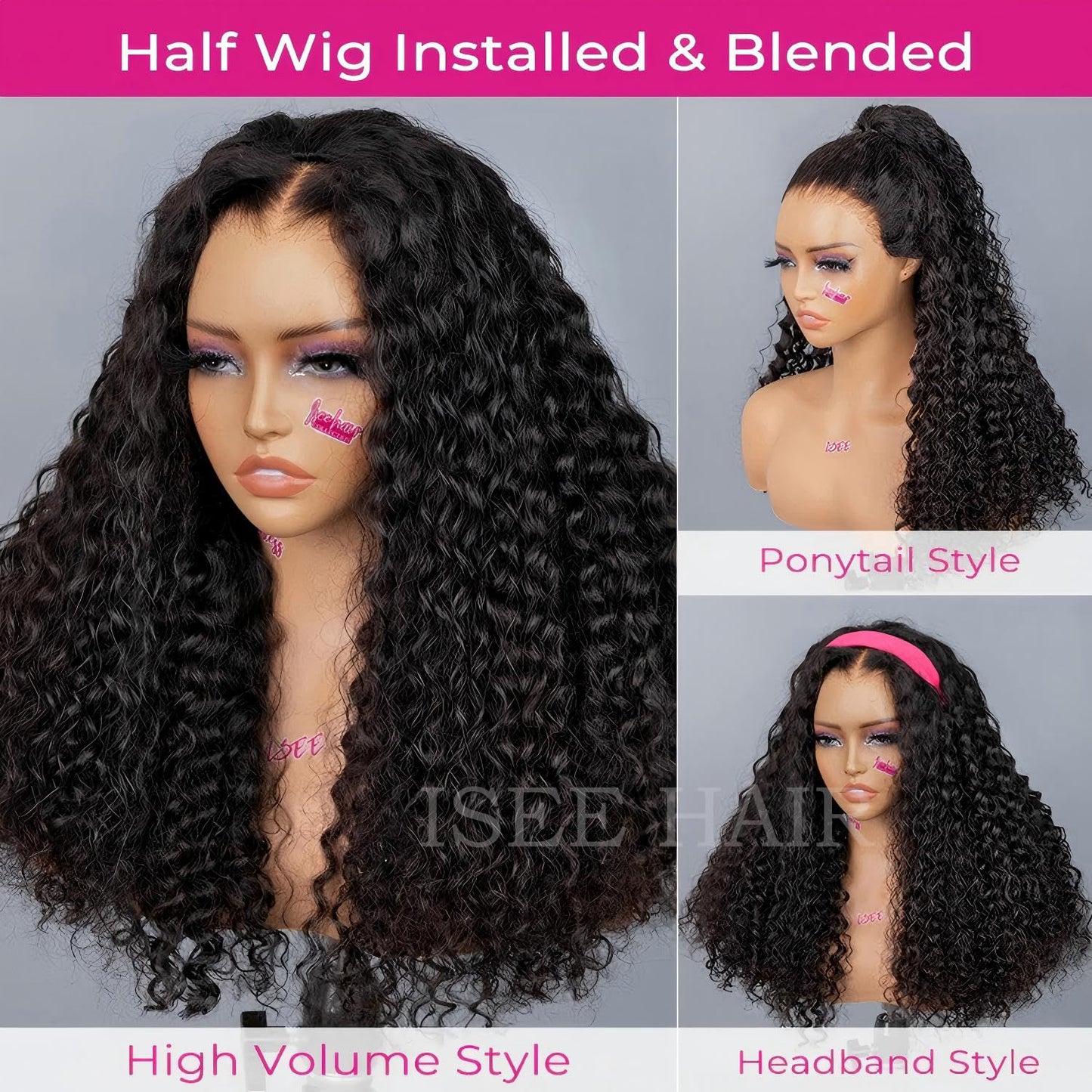 ISEE Half Wig Human Hair Water Wave Human Hair Glueless Wigs Seamless Clip Ins Flip Over Wear Go Wig Invisible Hairline Beginner Friendly 24 Inch