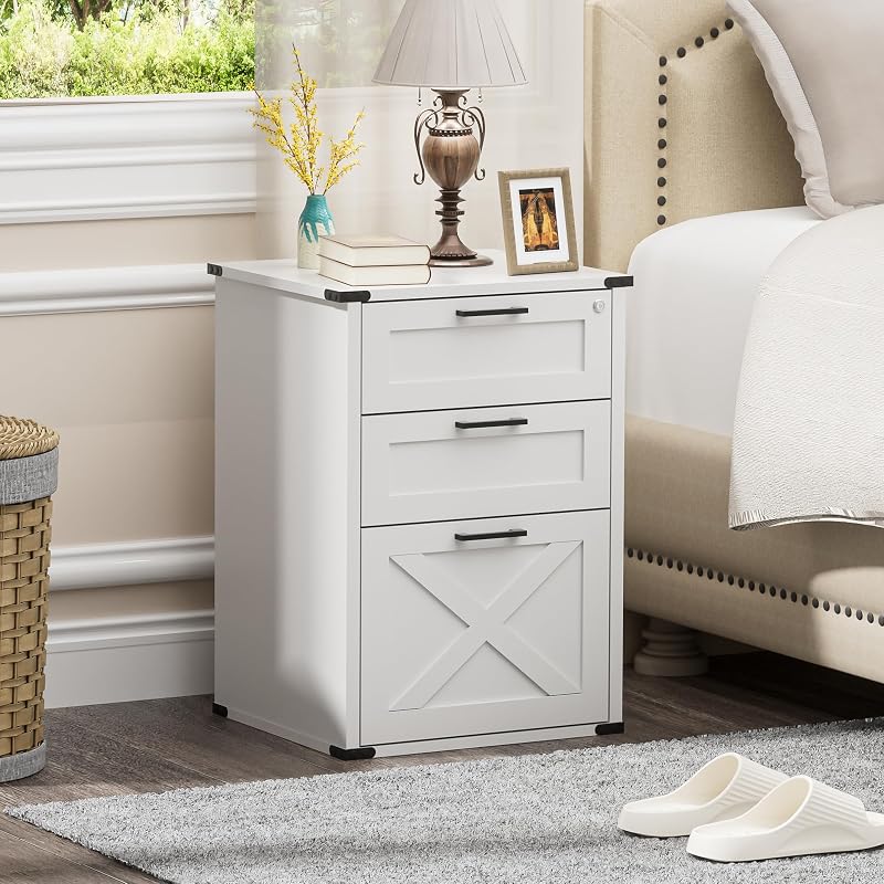 Onelike Small Wood File Cabinet with Charging Station & Lock, 3 Drawers - White + 3 Drawers