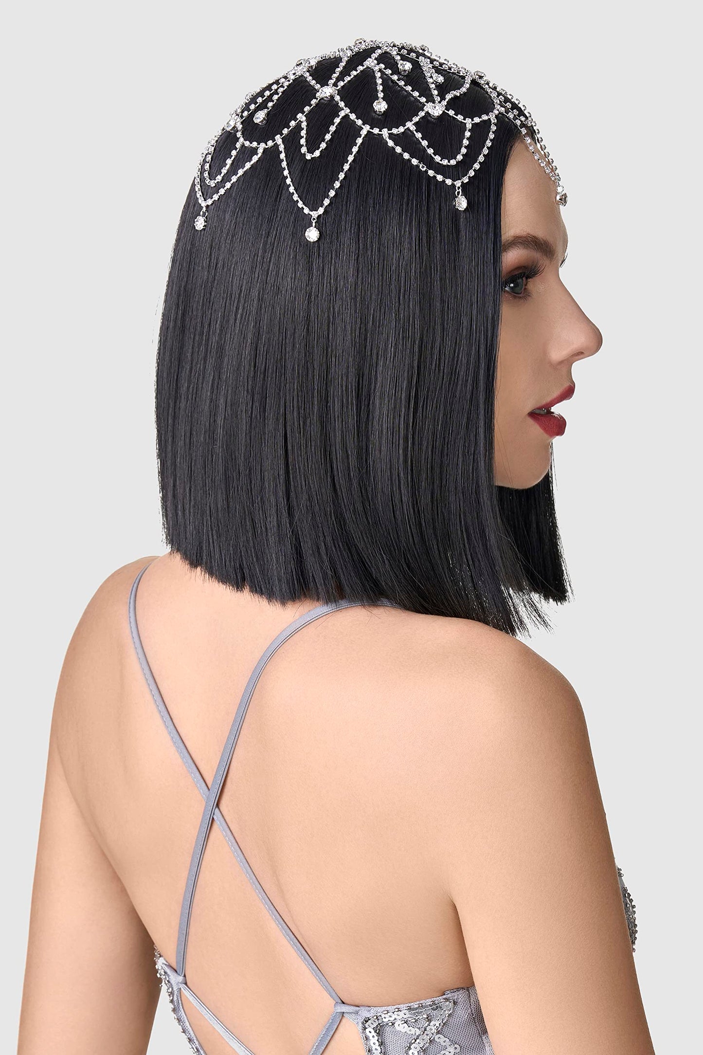 BABEYOND 1920s Crystal Cap Headpiece Rhinestone Head Chain Roaring 20s Great Gatsby Hair Accessories for Art Deco Party (Silver)